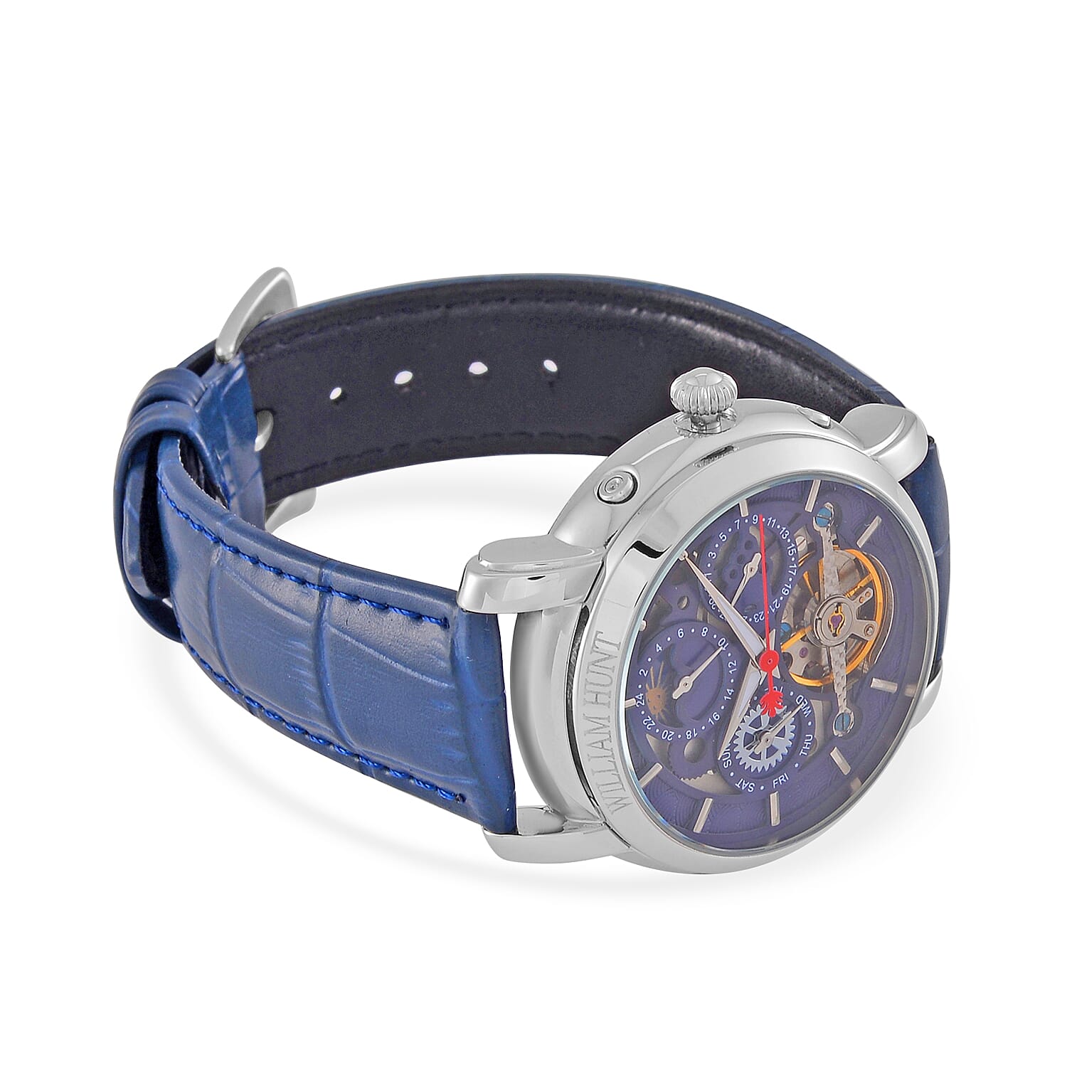 William Hunt Automatic Movt. 5ATM WR Blue Dial Watch with Blue Genuine Leather Strap