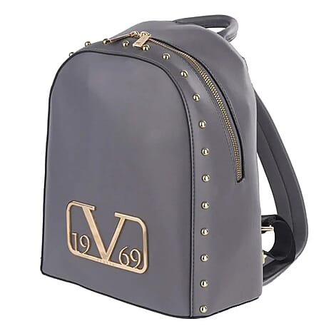 19V69 ITALIA by Alessandro Versace Studded Leatherette Backpack with Two Adjustable Shoulder Strap & Zipper Closure - Grigio