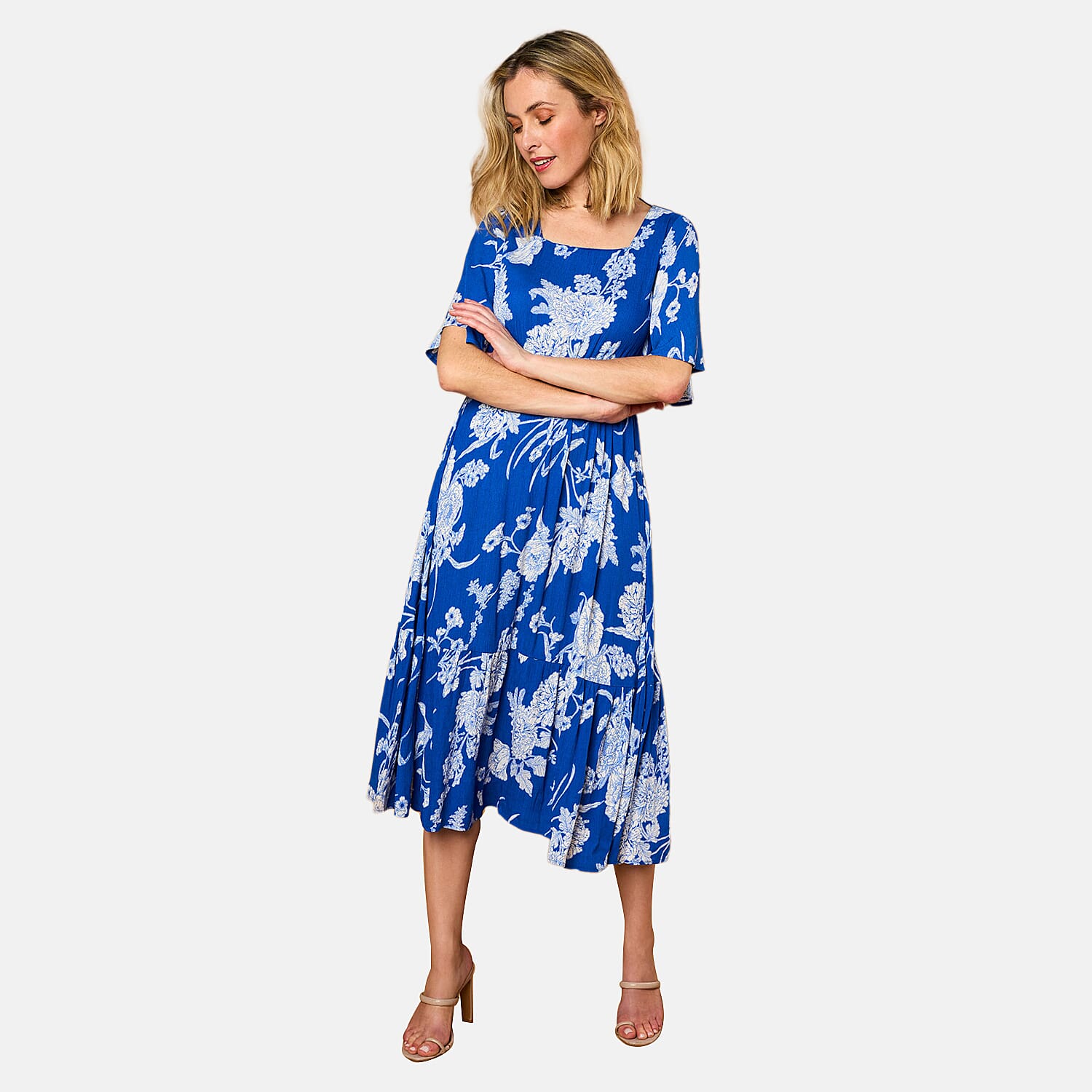 Emreco 100% Viscose Short Sleeve Floral Print Midi Dress (Size 10) - Royal Blue