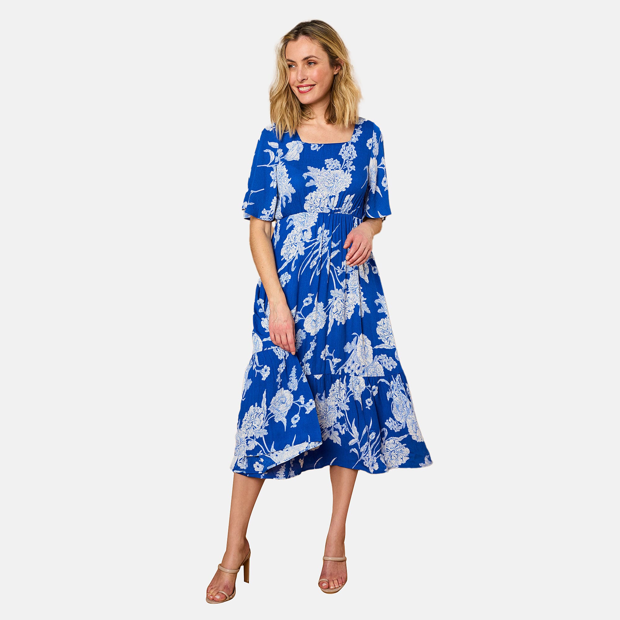 Emreco 100% Viscose Short Sleeve Floral Printed Midi Dress (Size 10) - Royal Blue