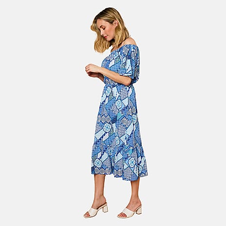 Emreco 100% Viscose Off Shoulder Print Midi Dress (Size 10) - Multi Blue
