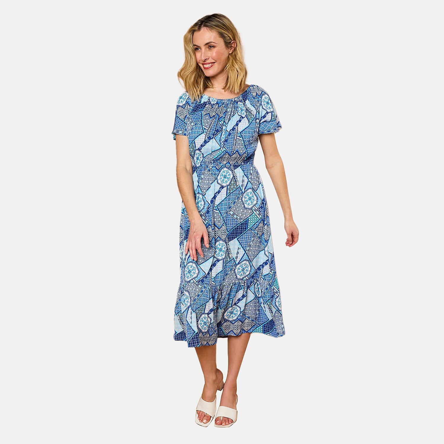Emreco Off Shoulder Print Midi Dress - Multi Blue