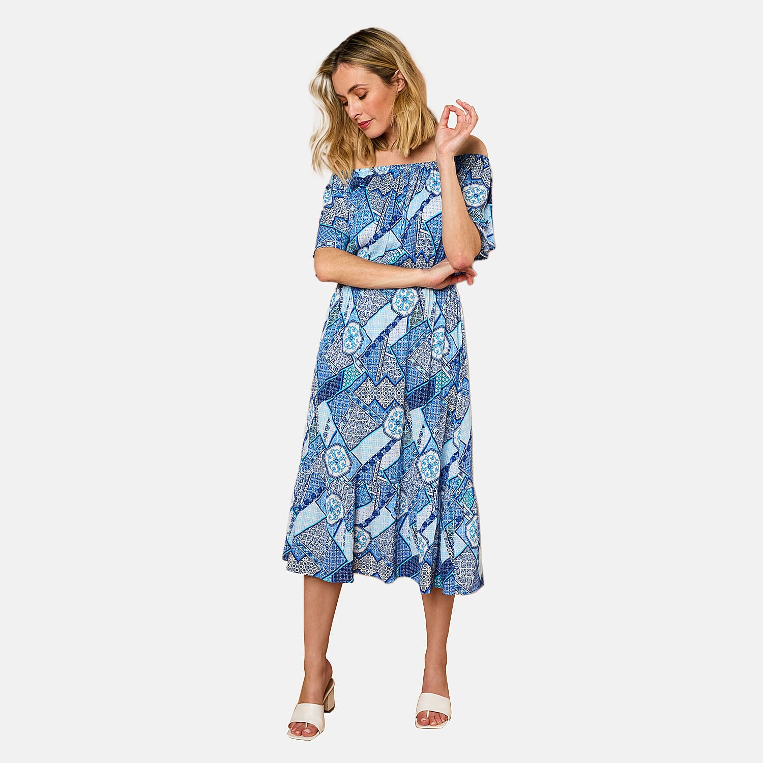 Emreco Off Shoulder Print Midi Dress - Multi Blue