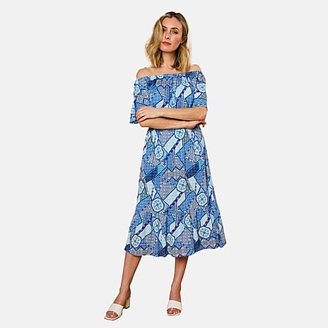 Emreco 100% Viscose Off Shoulder Print Midi Dress (Size 14) - Multi Blue