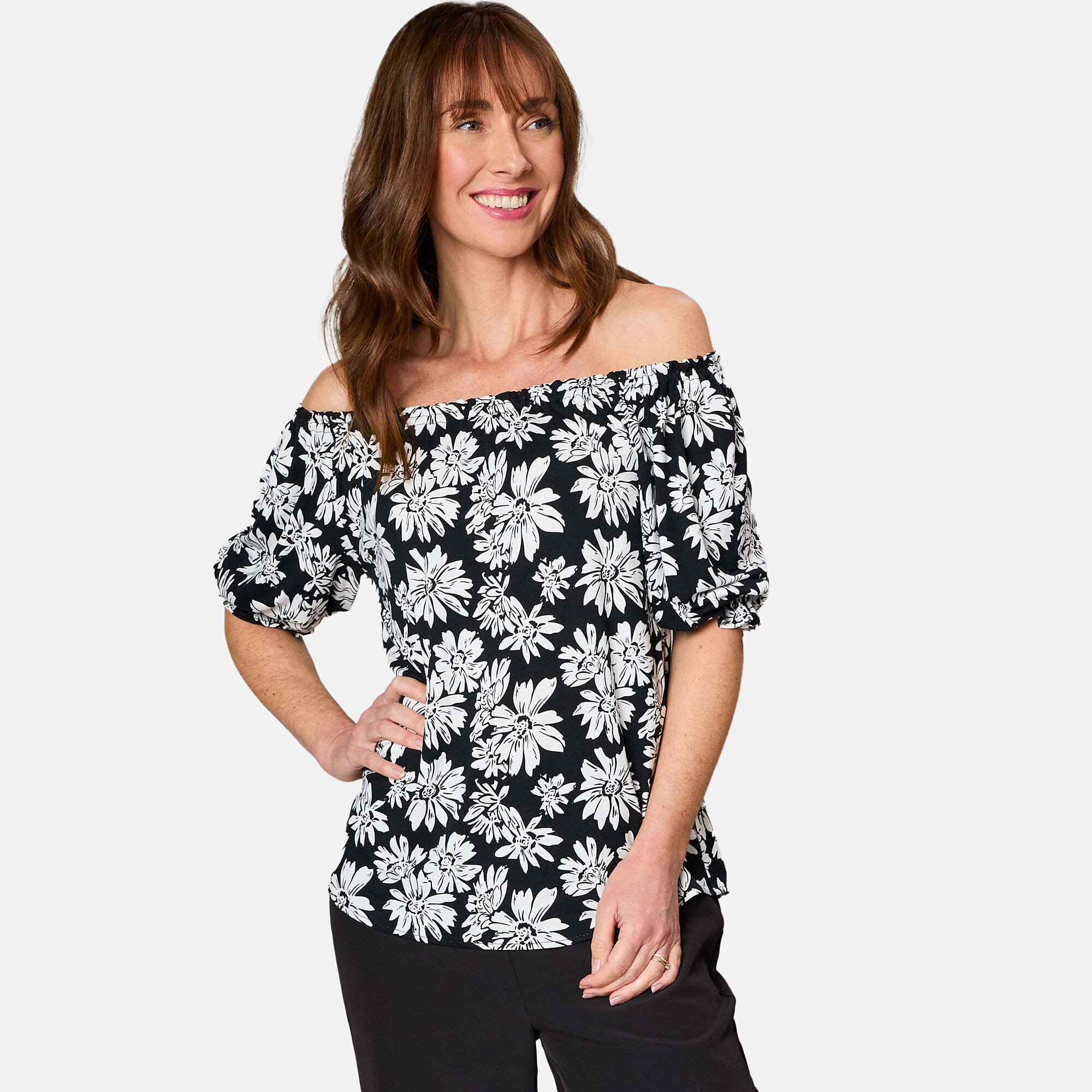 Emreco 100% Viscose Frill Sleeve Floral Top (Size 10) - Black