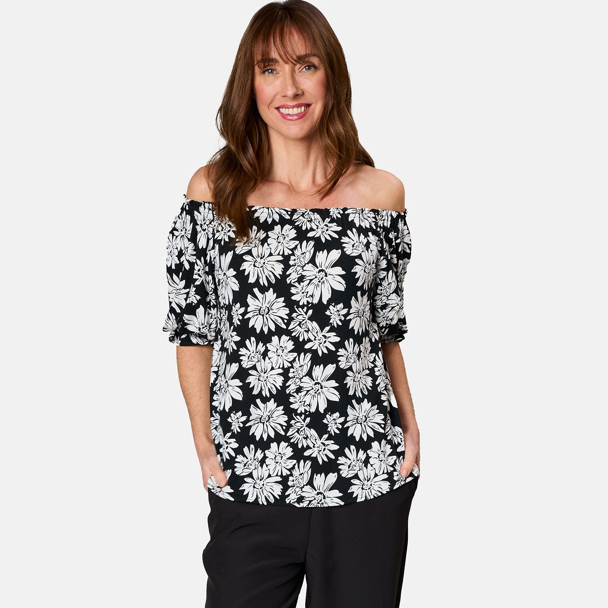 Emreco 100% Viscose Frill Sleeve Floral Top (Size 10) - Black