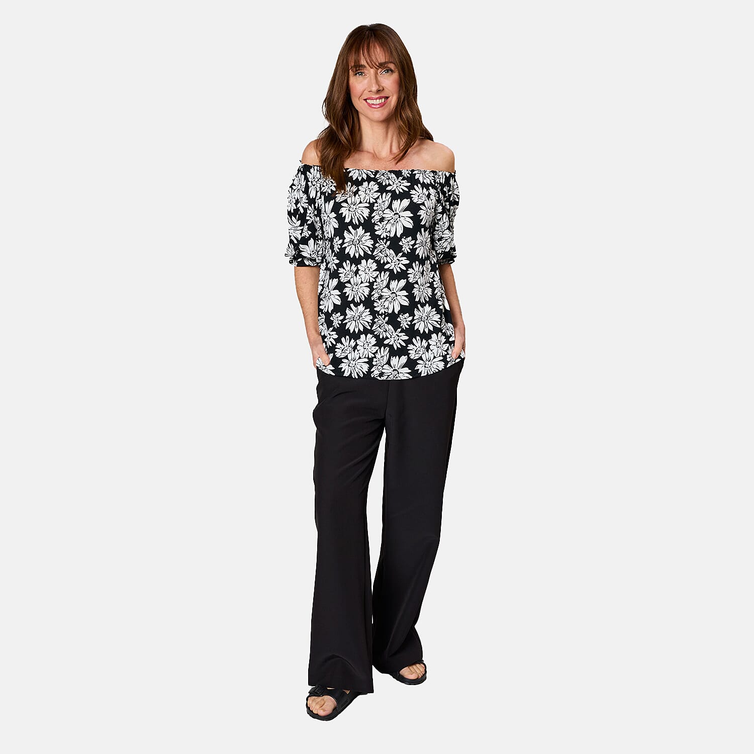 Emreco 100% Viscose Frill Sleeve Floral Top (Size 10) - Black