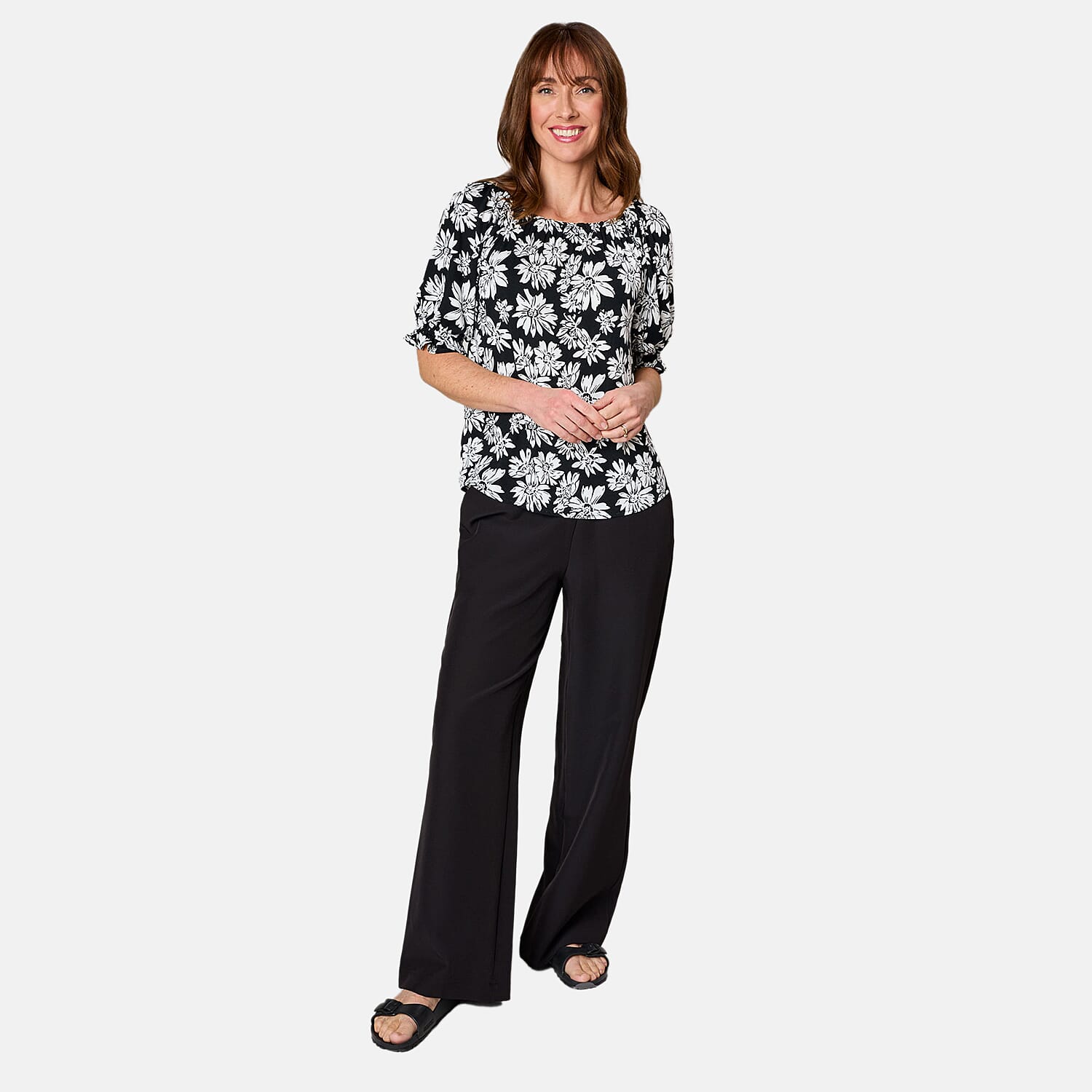 Emreco 100% Viscose Frill Sleeve Floral Top (Size 12) - Black