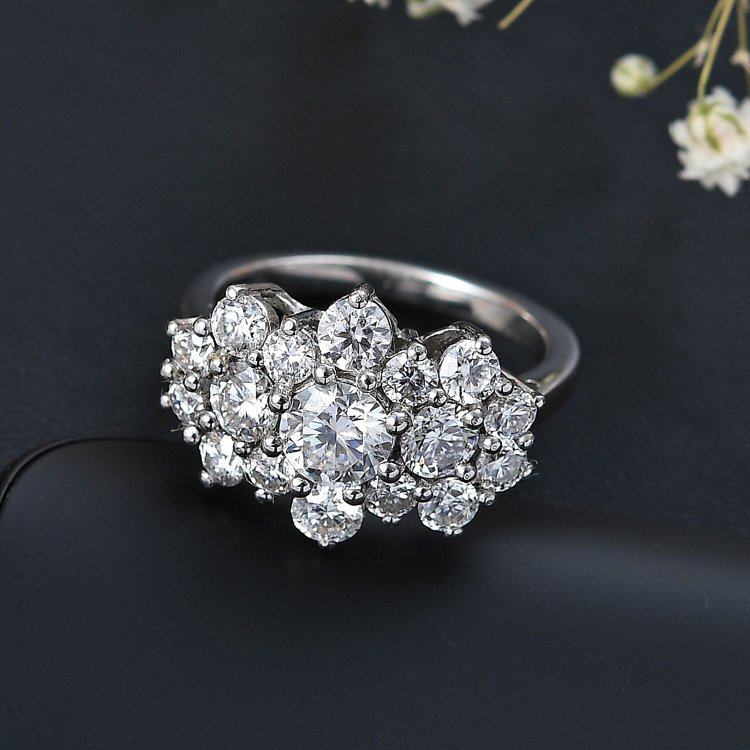 Designer Inspired Moissanite Boat Ring in Rhodium Overlay Sterling Silver