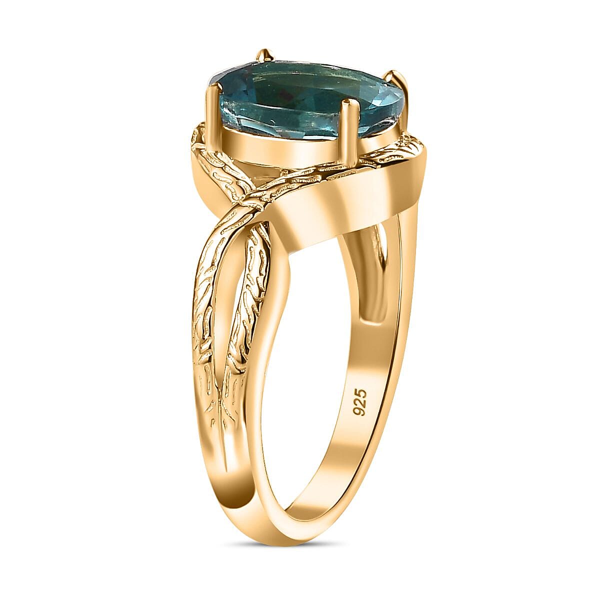 Belgian Teal Fluorite Solitaire Ring in 18K YG Vermeil Plated Sterling Silver 3.20 Ct