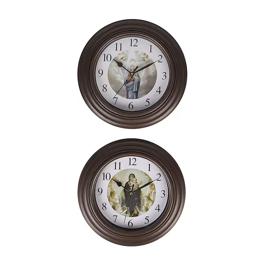 Set of 2 - Wall Clock (1AA Batteries Not Included) - Brown - White