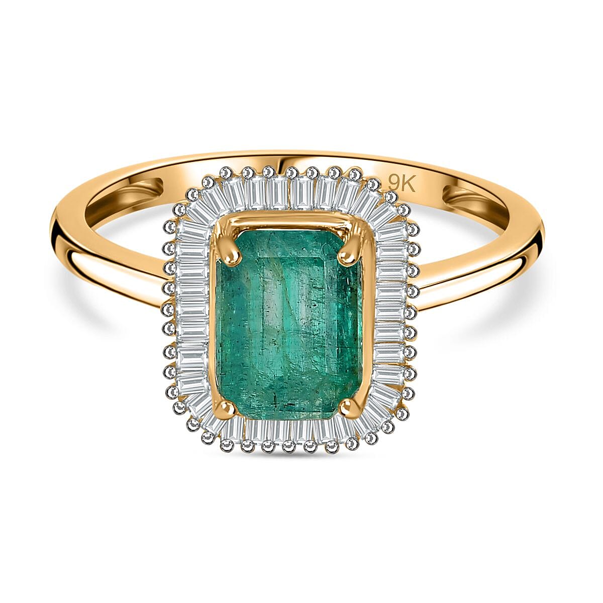 9K Yellow Gold AAA Gemfields Emerald (1.65ct) & Diamond Ring 1.88 Ct.