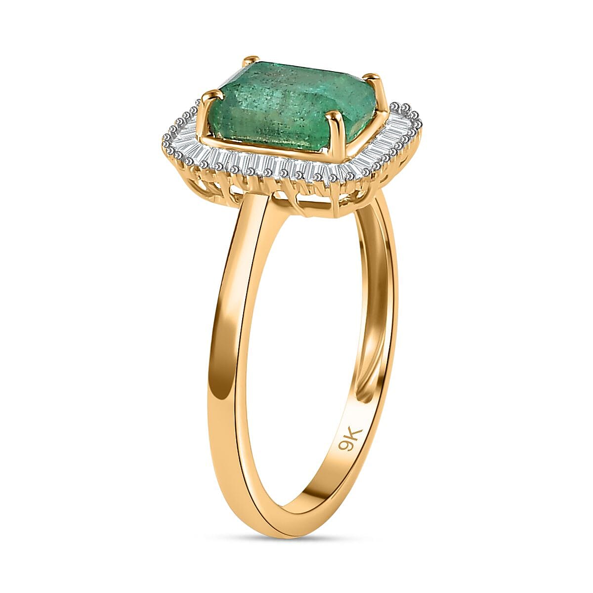 9K Yellow Gold AAA Gemfields Emerald (1.65ct) & Diamond Ring 1.88 Ct.