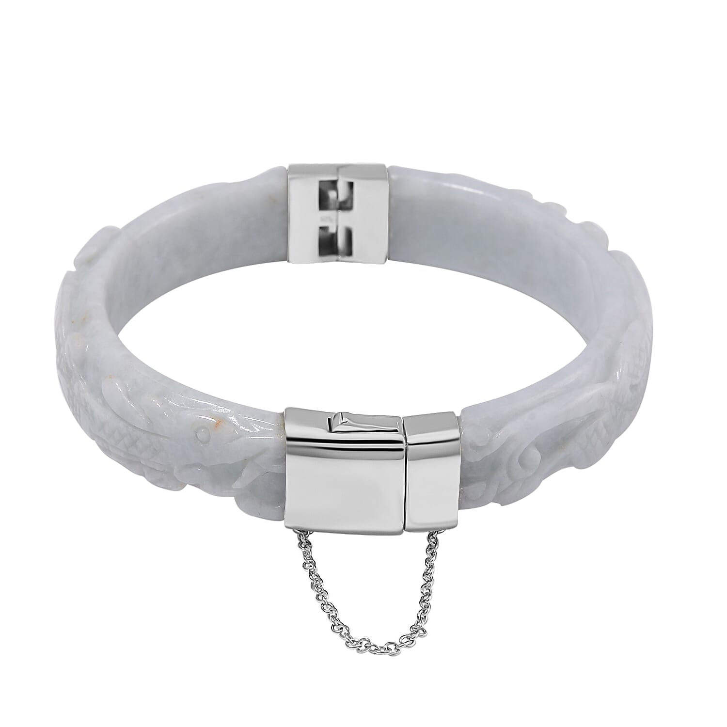 Natural Type A White Jadeite Carved Dragon Bangle (Size-7.5) in Rhodium Overlay Sterling Silver 250 Ct
