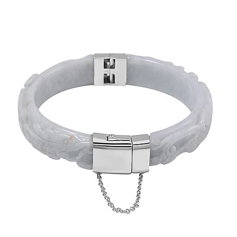 Natural Type A White Jadeite Carved Dragon Bangle (Size-7.5) in Rhodium Overlay Sterling Silver 250 Ct
