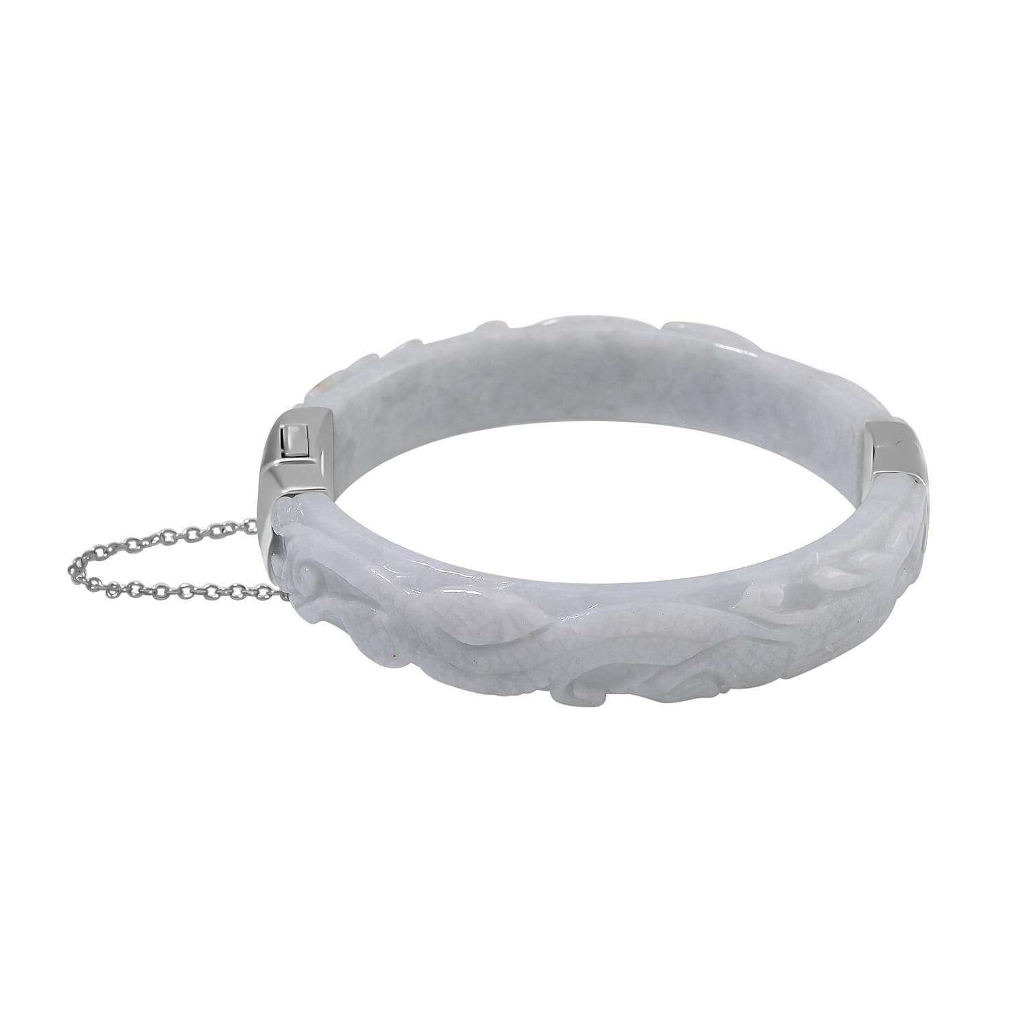Natural Type A White Jadeite Carved Dragon Bangle (Size-7.5) in Rhodium Overlay Sterling Silver 250 Ct