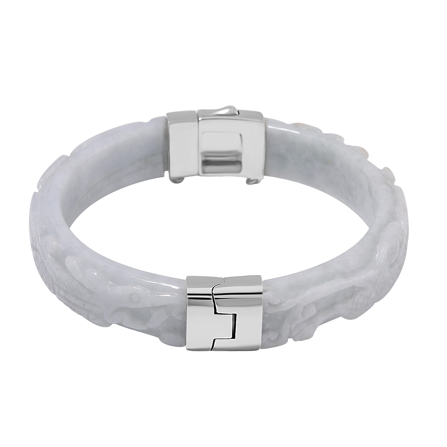 Natural Type A White Jadeite Carved Dragon Bangle (Size-7.5) in Rhodium Overlay Sterling Silver 250 Ct