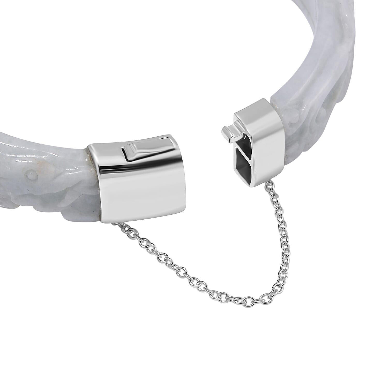 Natural Type A White Jadeite Carved Dragon Bangle (Size-7.5) in Rhodium Overlay Sterling Silver 250 Ct
