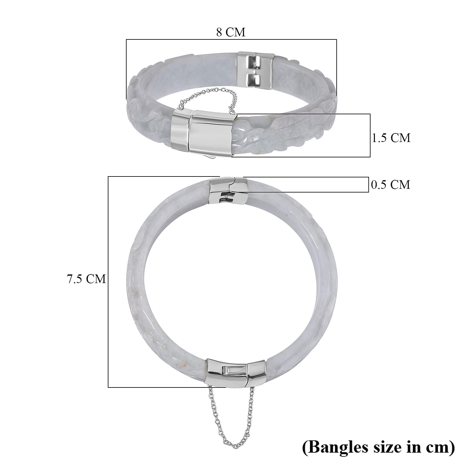 Natural Type A White Jadeite Carved Dragon Bangle (Size-7.5) in Rhodium Overlay Sterling Silver 250 Ct