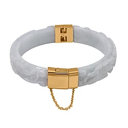 Natural Type A White Jadeite Carved Dragon Bangle (Size-7.5) in Rhodium Overlay Sterling Silver 250 Ct