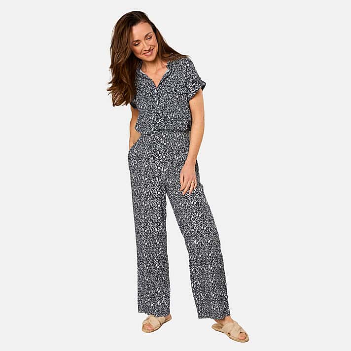 Emreco 100% Viscose Wide Leg Print Trouser (Size 12) - Navy