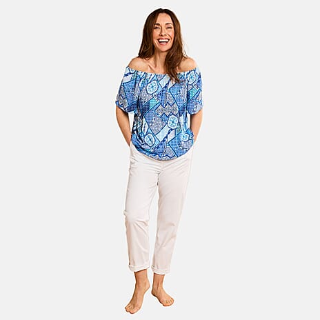 Emreco 100% Viscose Short Sleeve Print Off Shoulder Top (Size 12) - Blue