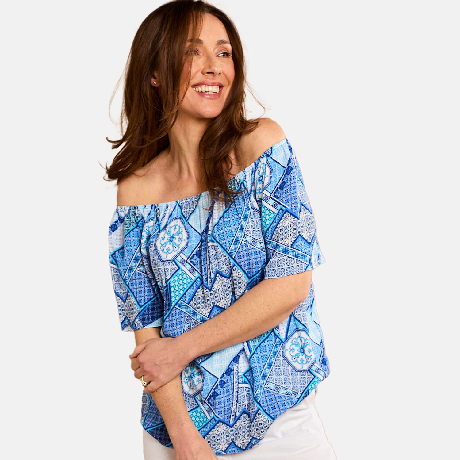 Emreco 100% Viscose Short Sleeve Print Off Shoulder Top (Size 10) - Blue