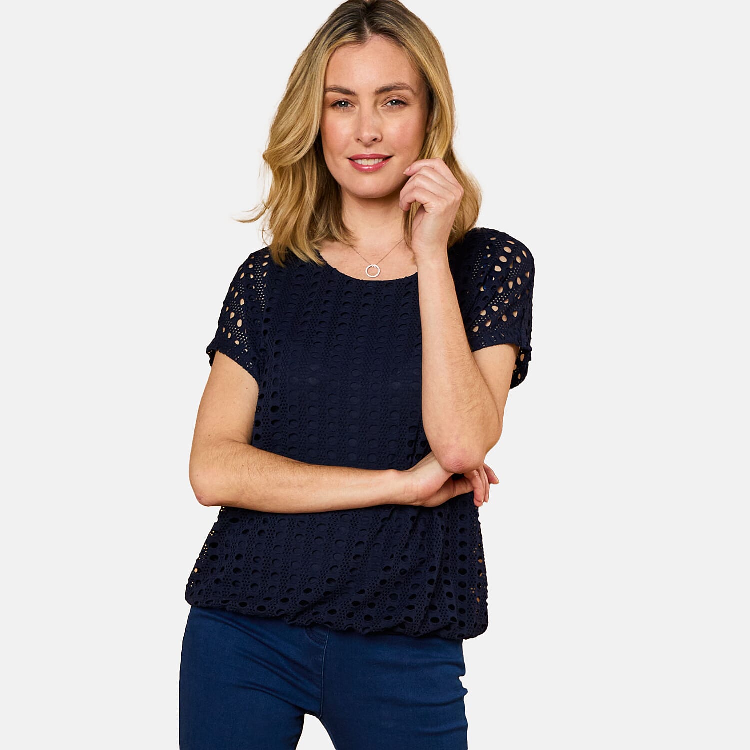  Emreco Lace Jersey Knit Elastic Hem Top - Black