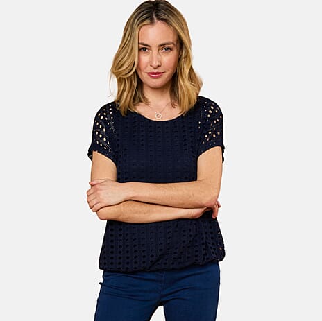 Emreco Lace Jersey Knit Elastic Hem Top (Size 14) - Navy