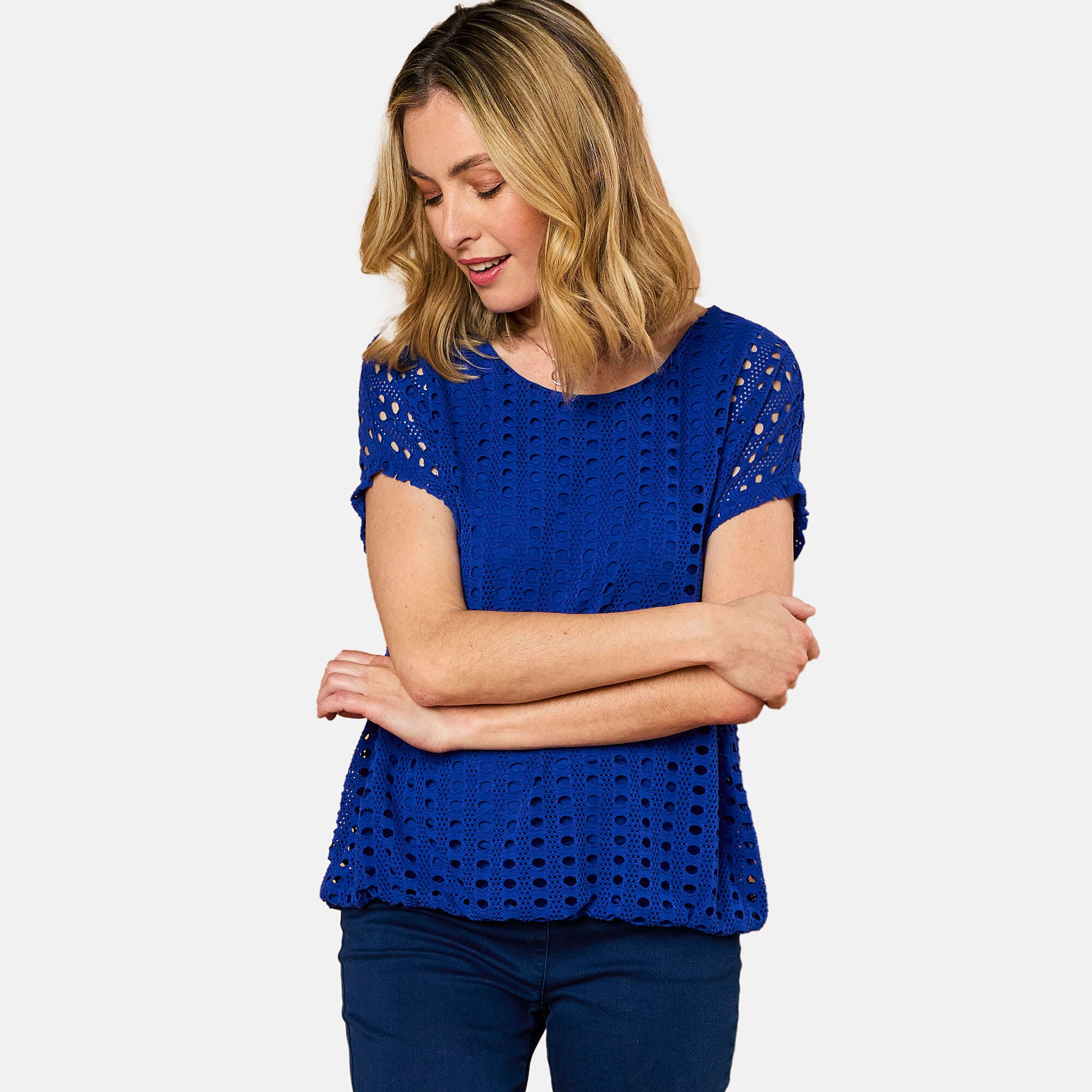  Emreco Lace Jersey Knit Elastic Hem Top - Black