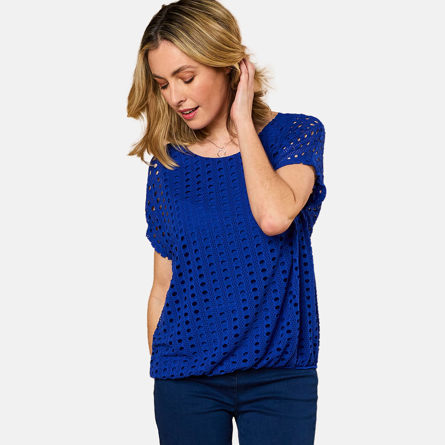  Emreco Lace Jersey Knit Elastic Hem Top - Black