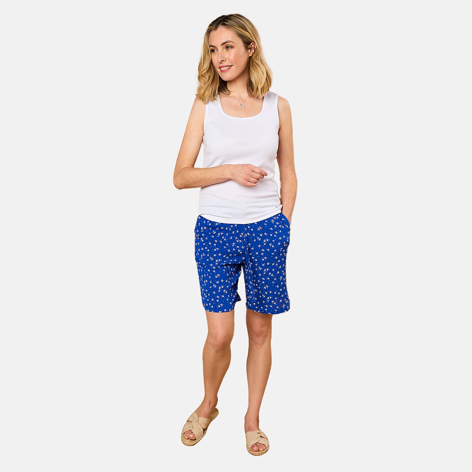 Emreco 100% Viscose Printed Crinkle Shorts with Side Pockets (Size 12) - Blue