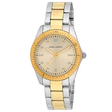 Laura Ashley Womens 32mm Gold Dial Watch with Stainless Steel Chain Bracelet in Two-Tone