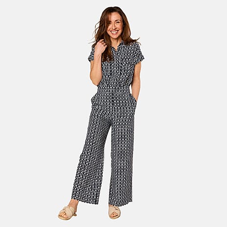 Emreco Lightweight Wide Leg Print Trouser (Size 12) - Navy