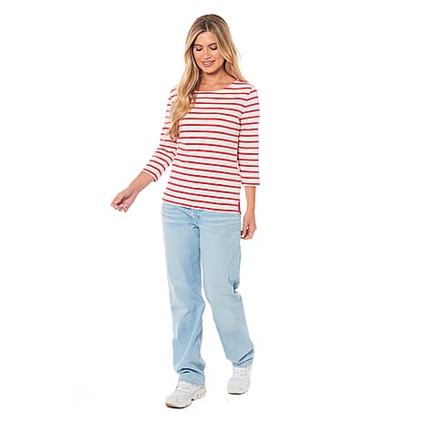 Charlotte West 100% Cotton Striped Pattern Knitted Top (Size 12) - Off White - Red