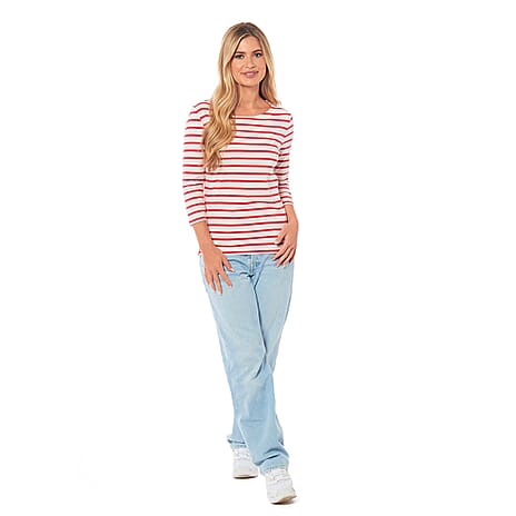 Charlotte West 100% Cotton Striped Pattern Knitted Top (Size 12) - Off White - Red