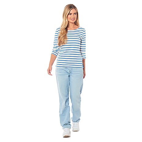 Charlotte West 100% Cotton Striped Pattern Knitted Top (Size 12) - Off White - Cornflower