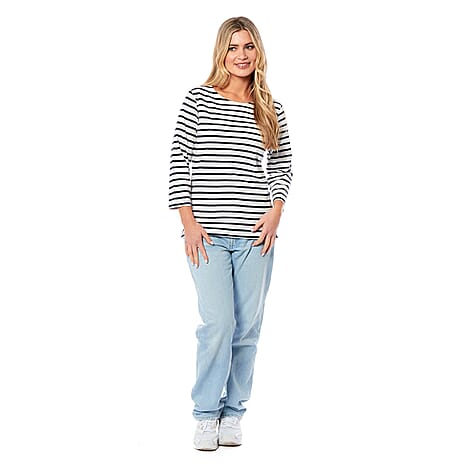 Charlotte West 100% Cotton Striped Pattern Breton Top (Size 12) - Off White Base - Navy