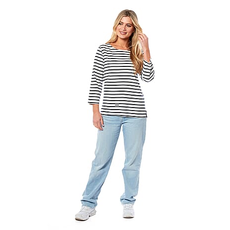 Charlotte West 100% Cotton Striped Pattern Breton Top (Size 12) - Off White Base - Navy