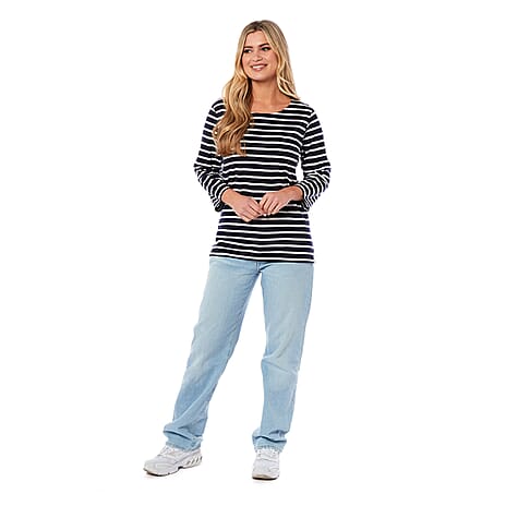 Charlotte West 100% Cotton Striped Pattern Knitted Top (Size 12) -  Navy Base - Off White