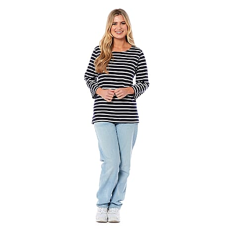 Charlotte West 100% Cotton Striped Pattern Knitted Top (Size 12) -  Navy Base - Off White