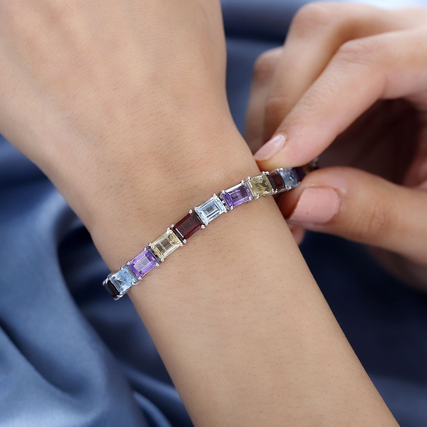 JCK Vegas Find - Multi Gemstone Bracelet (Size - 7.5) in Rhodium Overlay Sterling Silver 27.03 Ct, Silver Wt. 11.74 Gms.