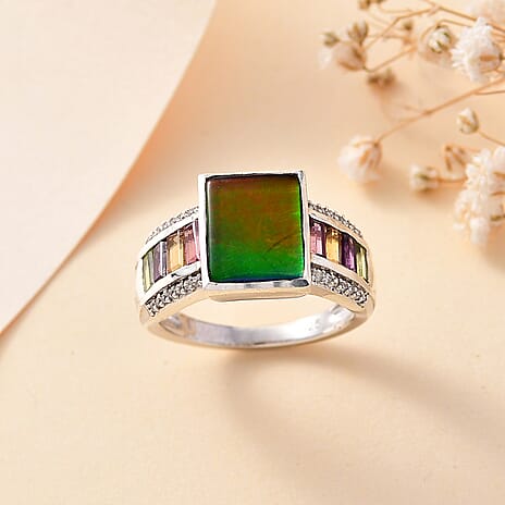 Ammolite & Multi Gemstone Ring in Rhodium Overlay Sterling Silver 3.55 Ct