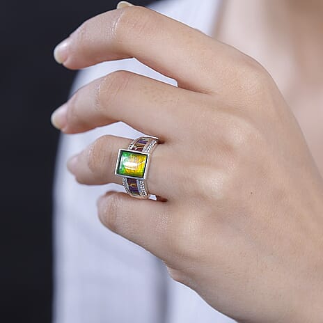 Ammolite & Multi Gemstone Ring in Rhodium Overlay Sterling Silver 3.55 Ct