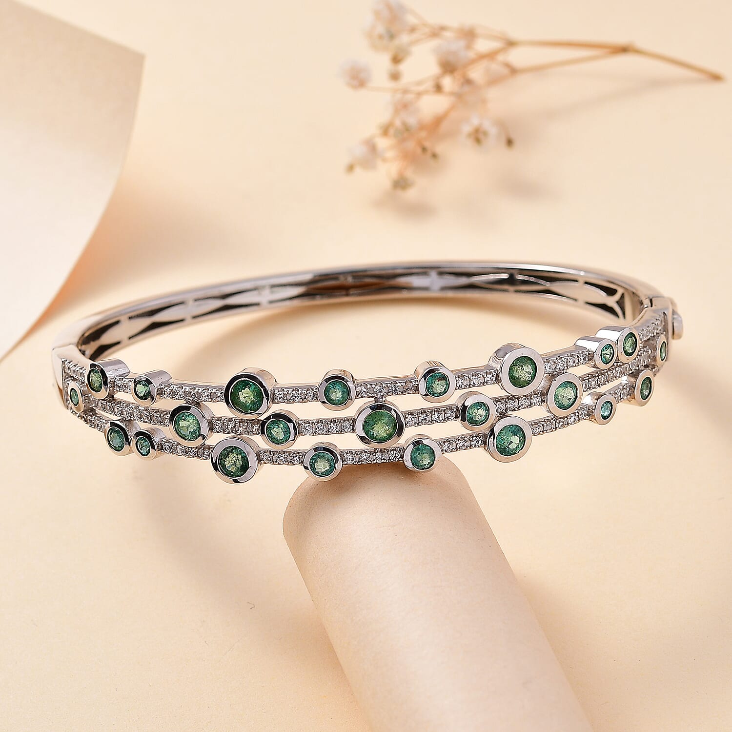 AAA Gemfields Emerald and Natural Zircon Bubble Bangle (Size 7.5) in Rhodium Overlay Sterling Silver 4.13 Ct, Silver Wt. 24.20 Gms