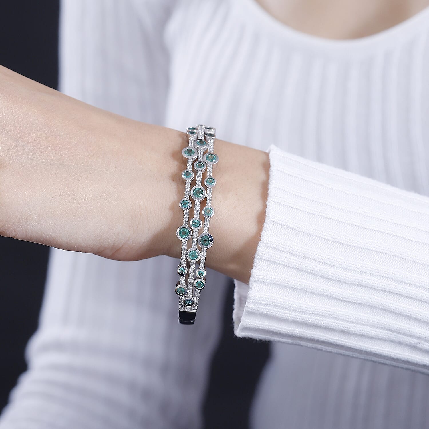 AAA Gemfields Emerald and Natural Zircon Bubble Bangle (Size 7.5) in Rhodium Overlay Sterling Silver 4.13 Ct, Silver Wt. 24.20 Gms