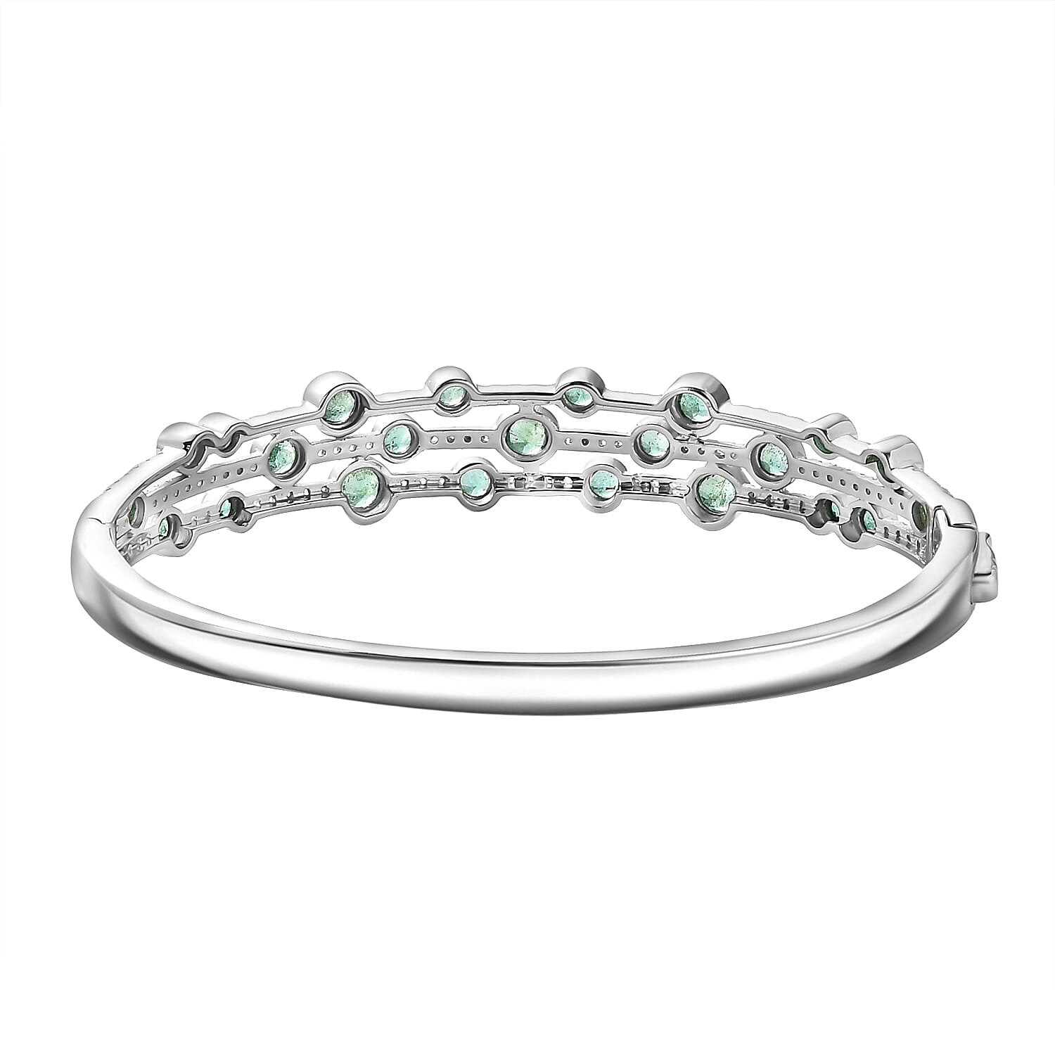 AAA Gemfields Emerald and Natural Zircon Bubble Bangle (Size 7.5) in Rhodium Overlay Sterling Silver 4.13 Ct, Silver Wt. 24.20 Gms