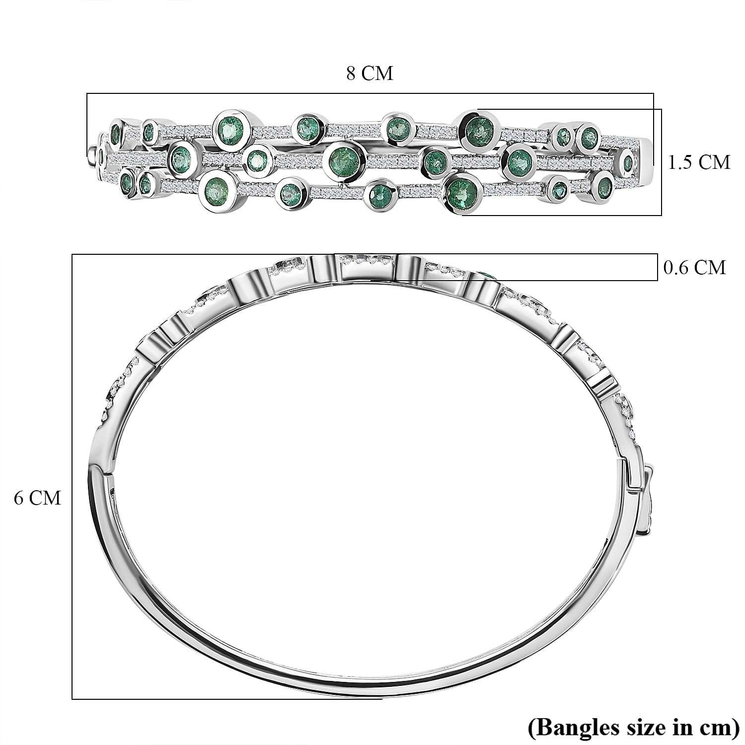 AAA Gemfields Emerald and Natural Zircon Bubble Bangle (Size 7.5) in Rhodium Overlay Sterling Silver 4.13 Ct, Silver Wt. 24.20 Gms
