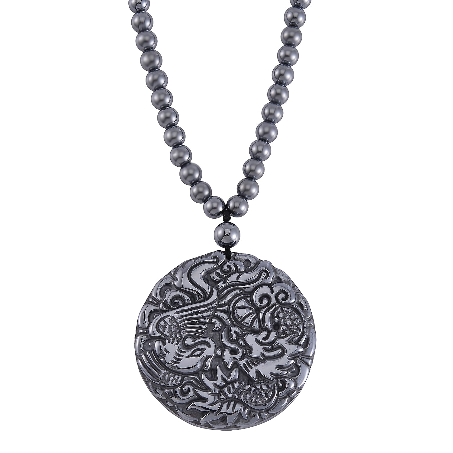 Terahertz Carved Dragon Medallion Necklace (Size - 20) in Rhodium Overlay Sterling Silver 255.00 Ct