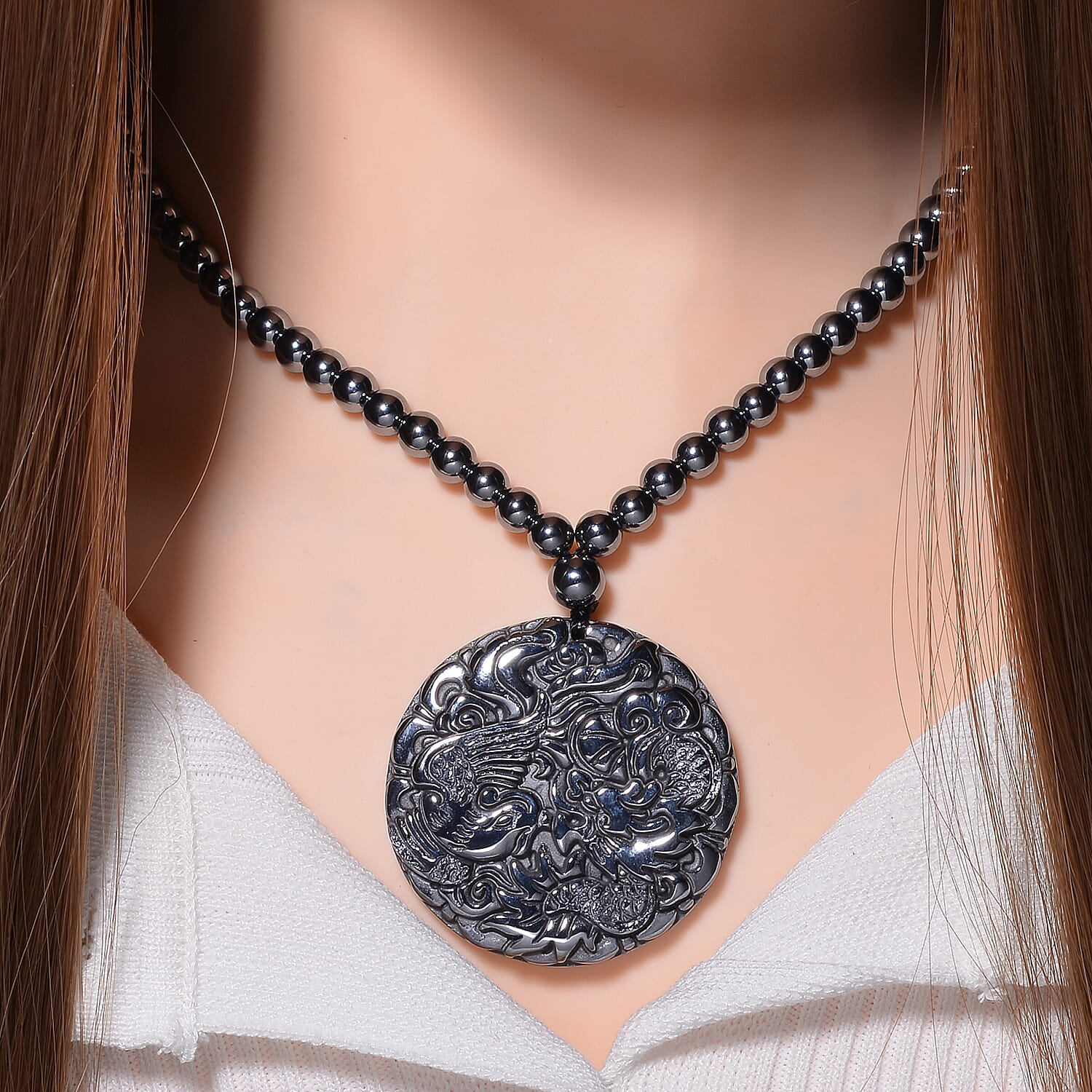 Terahertz Carved Dragon Medallion Necklace (Size - 20) in Rhodium Overlay Sterling Silver 255.00 Ct
